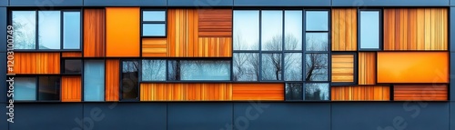 Facade with alternating patterns of glass and wood, mixed material design, modern warmth