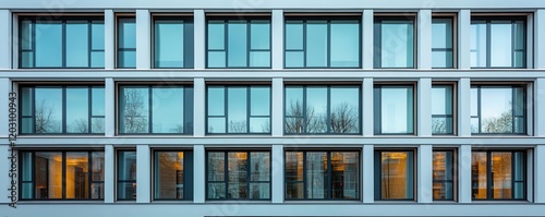 Symmetrical facade with rows of identical windows, modern order, city planning