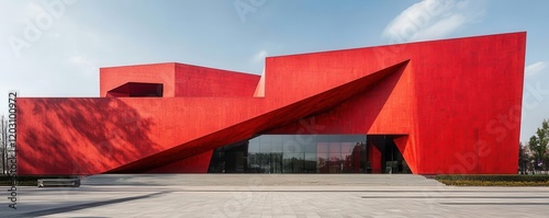 Vibrant red facade with angled structures, bold architecture, daring concepts