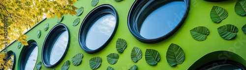 Nature-inspired facade with leaf-patterned textures, biophilic design, harmony with nature