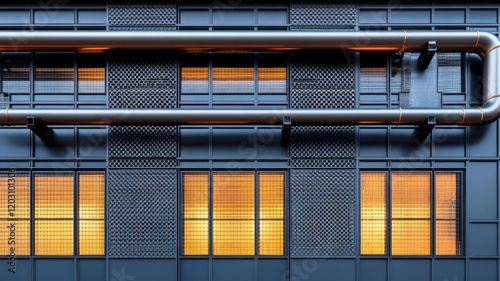 Industrial facade with exposed pipes and steel grids, raw design, urban edge