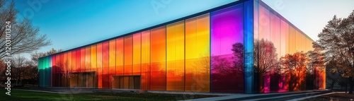 Iridescent facade changing colors under sunlight, experimental architecture, visual play