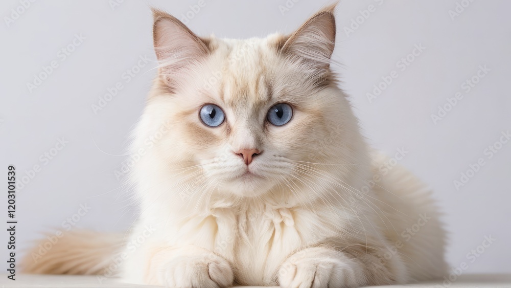 Fototapeta premium Portrait of Cream point ragdoll cat on grey background