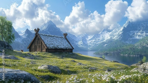 Viking longhouse, dramatic Nordic landscape, 3D illustration