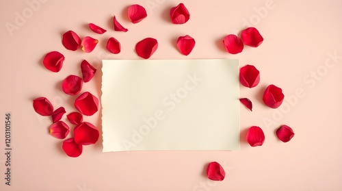 bird’s eye view of a card with scattered rose petals and a blank parchment writing section. Simple, two-dimensional shapes are used