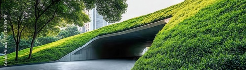Artistic urban overpass covered with green vegetation, combining architecture with sustainability