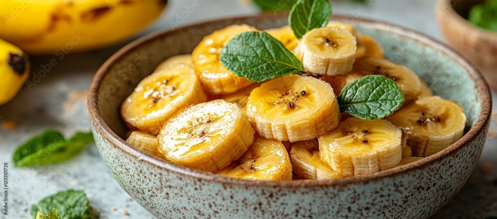 Honey glazed banana slices in bowl, mint garnish. Food photography for recipe blogs Honey glazed banana slices in bowl, mint garnish. Food photography for recipe blogs
