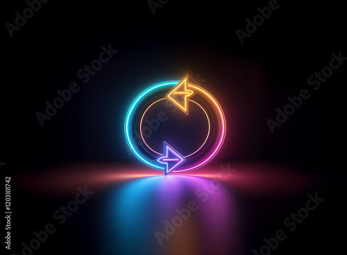 Vibrant neon circular arrows glow in the dark, reflecting on a glossy surface.  The symbol suggests renewal, rotation, and continuous looping.