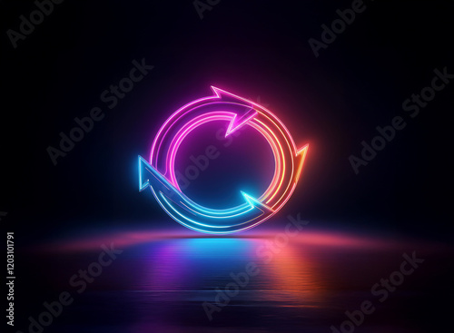 Vibrant neon pink and blue arrows form a circular, rotating symbol against a dark background, reflecting on a glossy surface.  The image evokes concepts of renewal, cycle, and continuous motion.