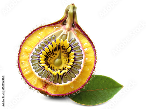 Yellow Passion Fruit (Passiflora edulis f. flavicarpa) Bright yellow passion fruits with a tart, aromatic pulp filled with black seeds, photo
