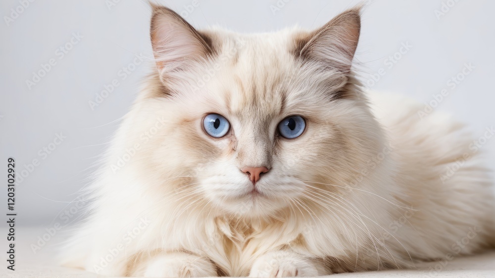 Portrait of Cream point ragdoll cat on grey background Portrait of Cream point ragdoll cat on grey background