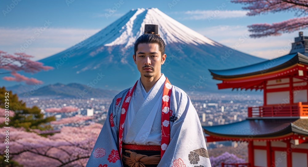 Man dressed in traditional Japanese attire with Mount Fuji in background Man dressed in traditional Japanese attire with Mount Fuji in background