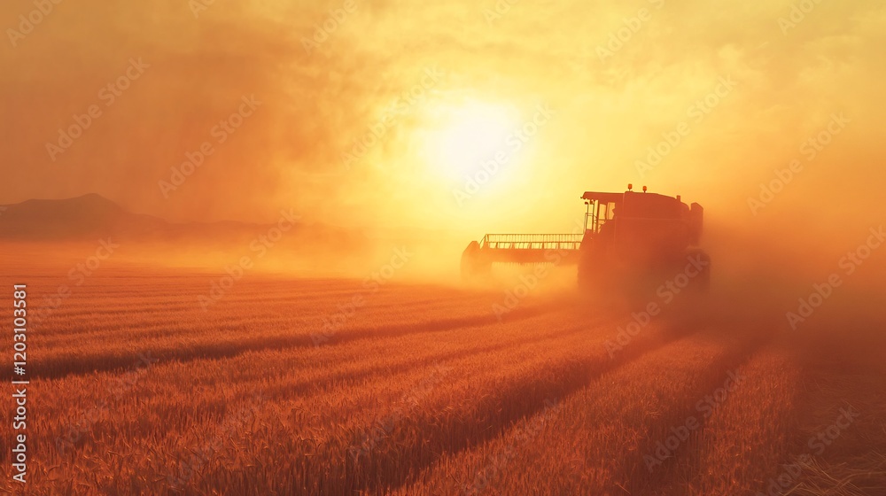 Obraz premium Golden sunrise illuminates hardworking harvester in misty field. AI Generated