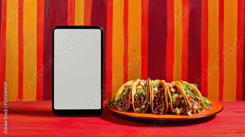 Smartphone mockup beside tacos on a bright and striking striped table setup.
