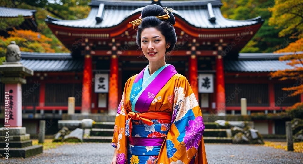 Fototapeta premium Woman dressed in vibrant kimono in front of an ancient shrine