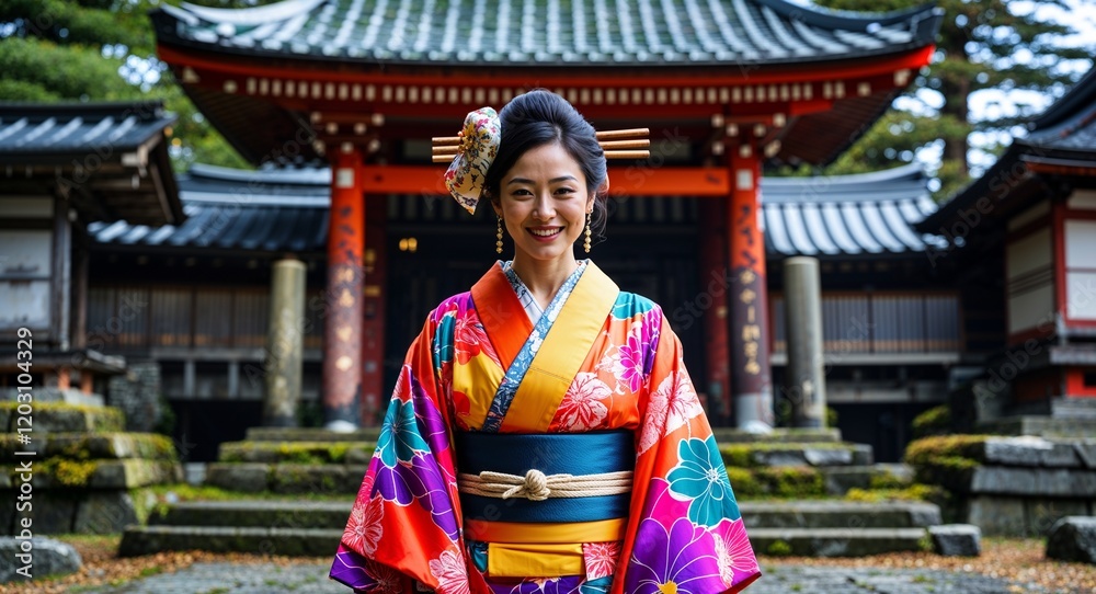 Woman dressed in vibrant kimono in front of an ancient shrine Woman dressed in vibrant kimono in front of an ancient shrine