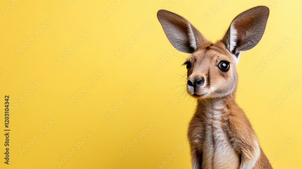 Fototapeta premium kangaroo with large ears and curious expression against sunny yellow backdrop