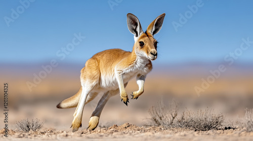 kangaroo hopping in sunny desert landscape, showcasing its agility and grace photo