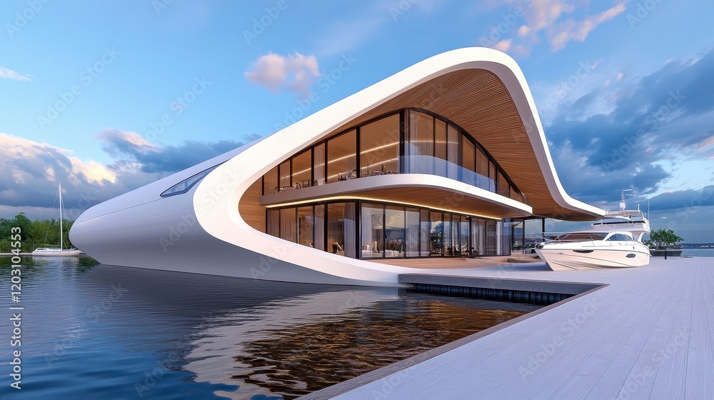 Fototapeta premium Modern Luxury Waterfront House with Boat Dock and Scenic View