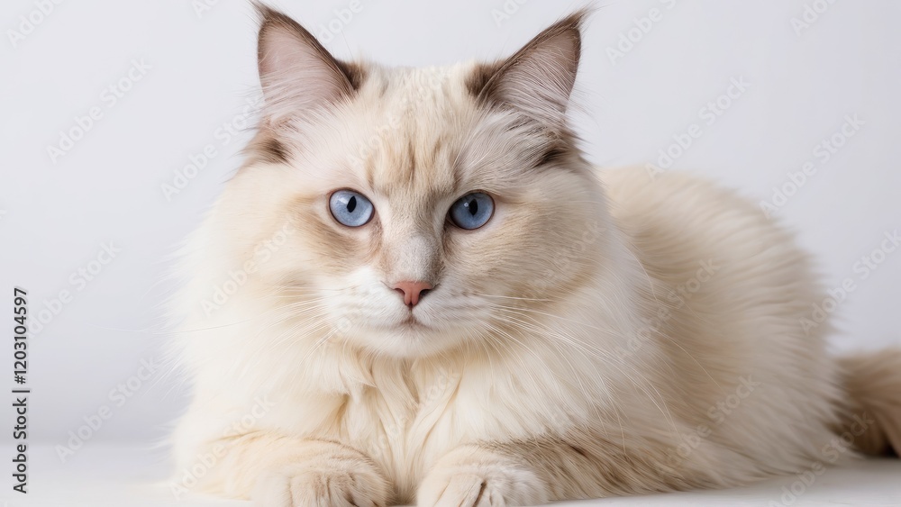 Portrait of Cream point ragdoll cat on grey background Portrait of Cream point ragdoll cat on grey background