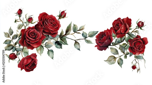 Red roses corner floral design for wedding cards, watercolor  photo