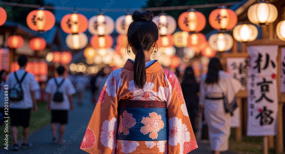 Fototapeta premium Woman wearing a yukata during a summer festival at night