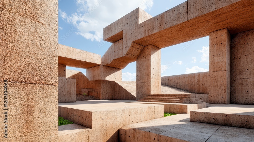 Modern architectural design with geometric concrete structures and blue sky Modern architectural design with geometric concrete structures and blue sky
