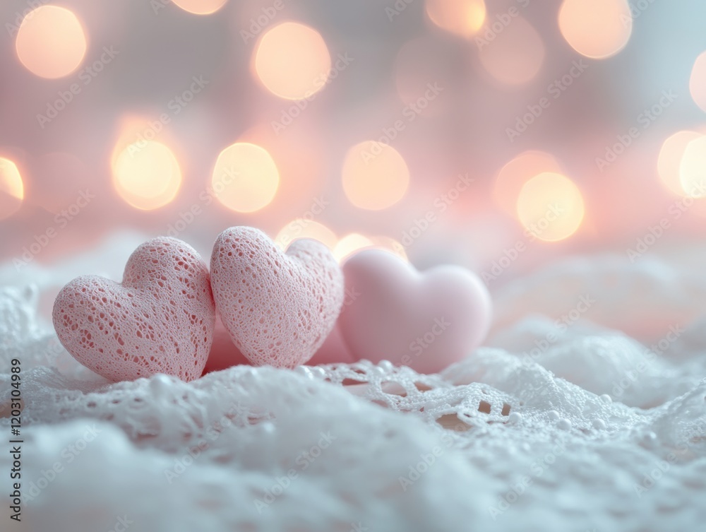 Obraz premium Romantic Valentine s Day Hearts Lace Bokeh Lights Background