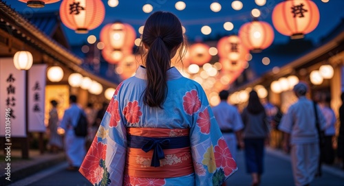 Woman wearing a yukata during a summer festival at night