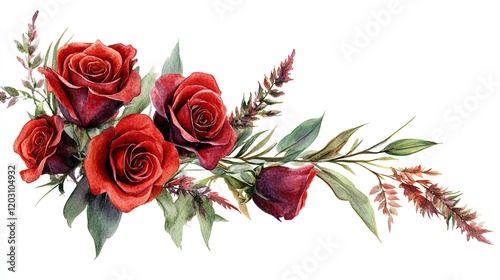 Red roses corner floral design for wedding cards, watercolor  photo