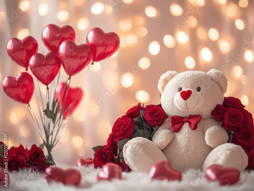 Romantic Valentine s Day Teddy Bear Roses Hearts Balloons photo