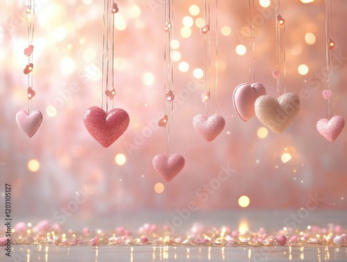 Romantic Valentine s Day Background Pink Hearts Lights Sparkle photo