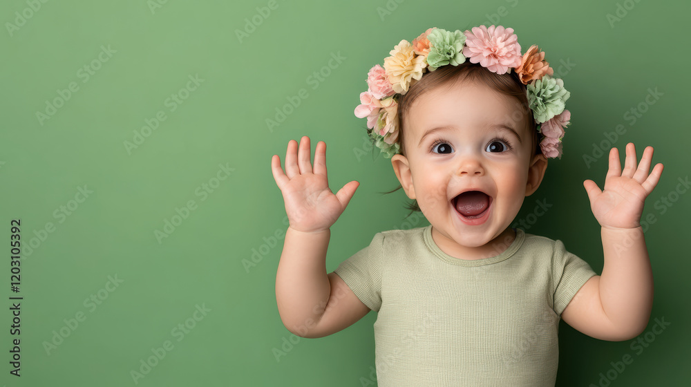 Happy baby with flower crown on bright green background Happy baby with flower crown on bright green background