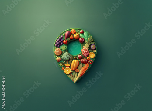 A vibrant location marker shaped like a map pin, filled with colorful fruits and vegetables.  It represents the concept of finding fresh, healthy food nearby. photo