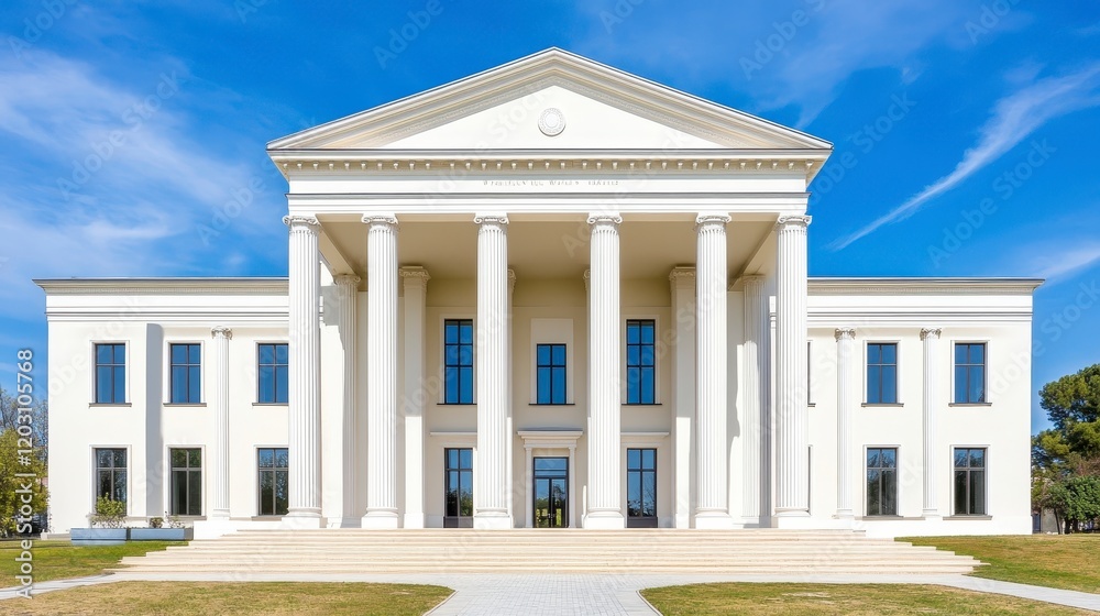 Fototapeta premium Elegant Neoclassical Building with Columns Under Blue Sky