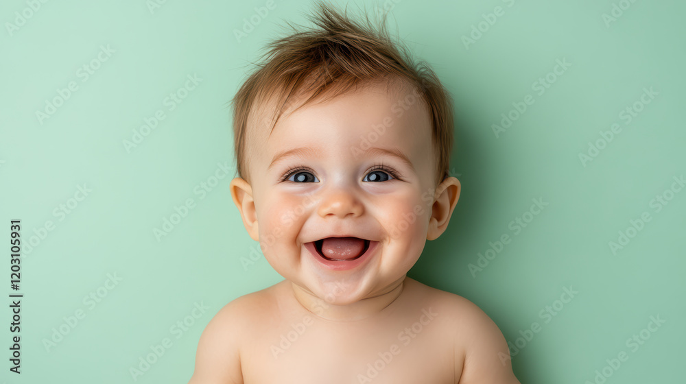 Happy baby with big smile on soft green background Happy baby with big smile on soft green background