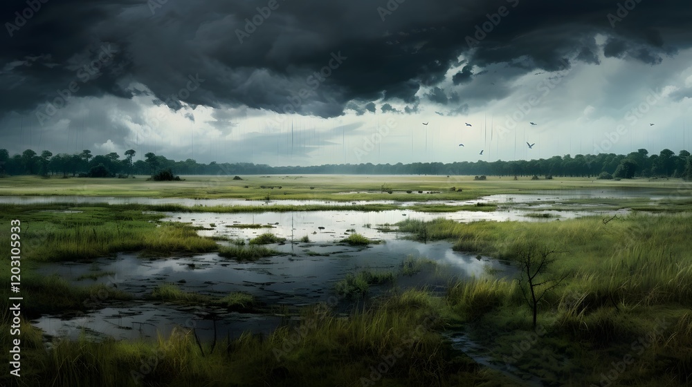 Dramatic Flooded Meadow After Heavy Rains with Ominous Storm Clouds on the Horizon Picturesque countryside landscape with a lush green field partially submerged in water Dramatic Flooded Meadow After Heavy Rains with Ominous Storm Clouds on the Horizon Picturesque countryside landscape with a lush green field partially submerged in water