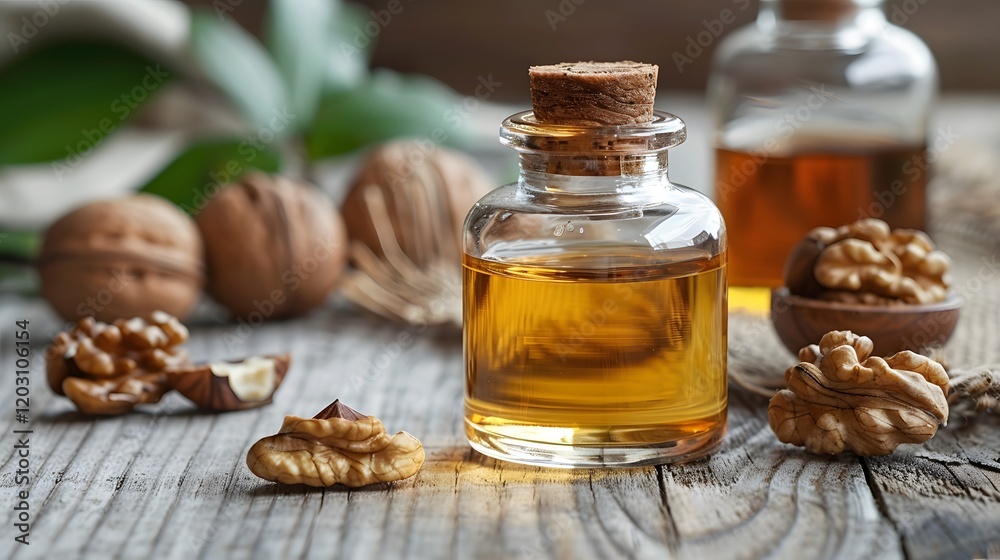 Walnut oil in bottle on white wooden background Walnut oil in bottle on white wooden background