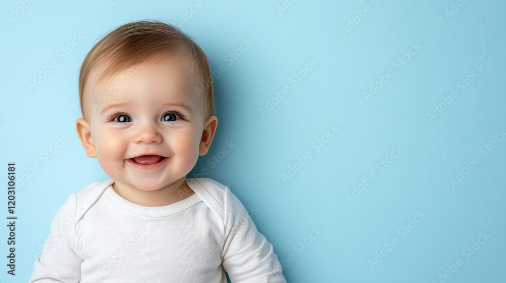 Smiling baby with soft expression on pastel blue background Smiling baby with soft expression on pastel blue background