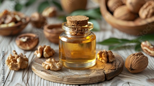 Walnut oil in bottle on white wooden background