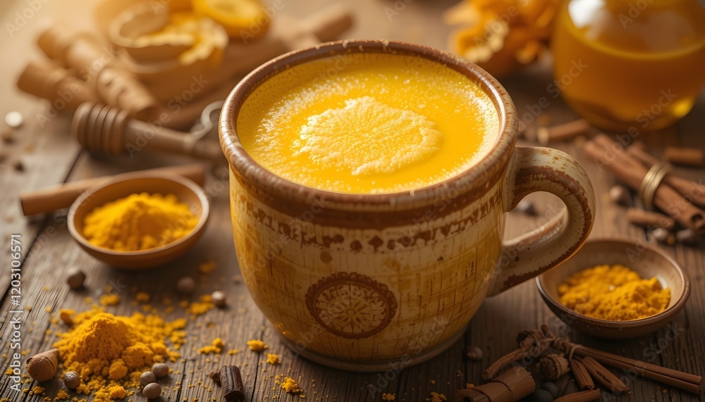 Golden turmeric latte with frothy top in a ceramic mug, surrounded by spices and honey on a rustic table Golden turmeric latte with frothy top in a ceramic mug, surrounded by spices and honey on a rustic table