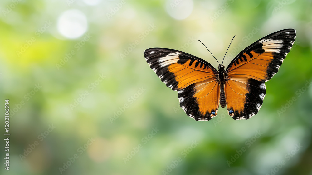 Naklejka premium Colorful butterfly fluttering on vibrant green background