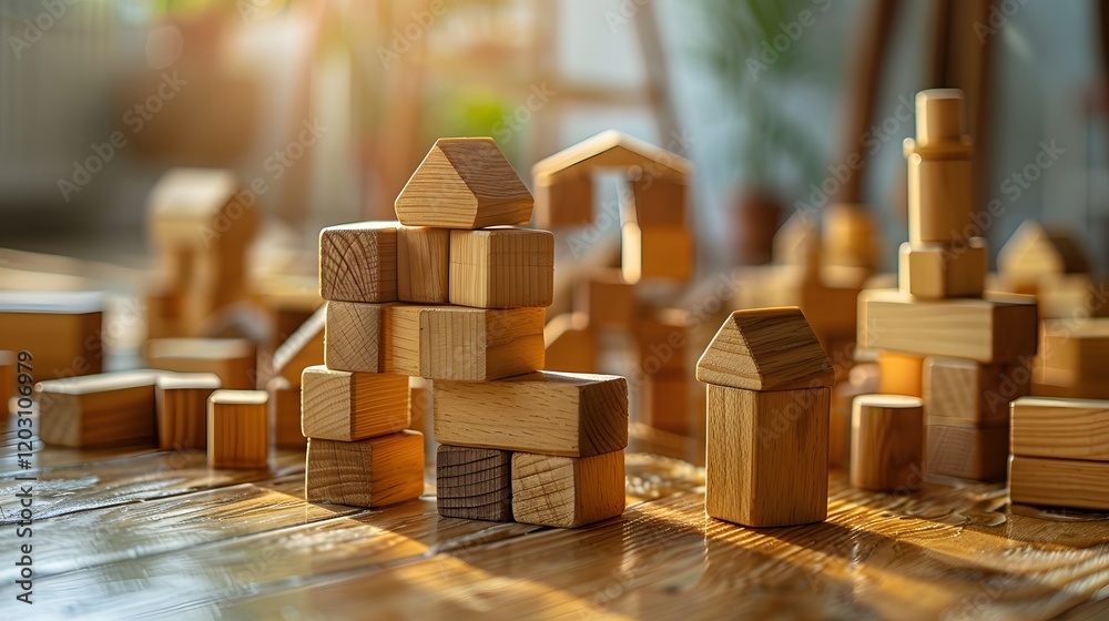 Wooden blocks building houses in a playroom Wooden blocks building houses in a playroom