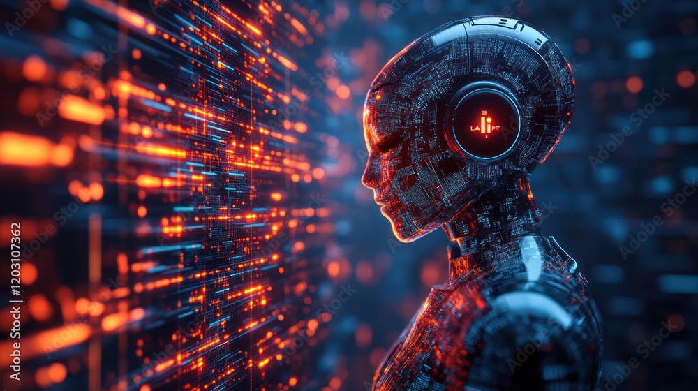 chatbot with a glowing, interactive interface and a thoughtful expression. chatbot with a glowing, interactive interface and a thoughtful expression.