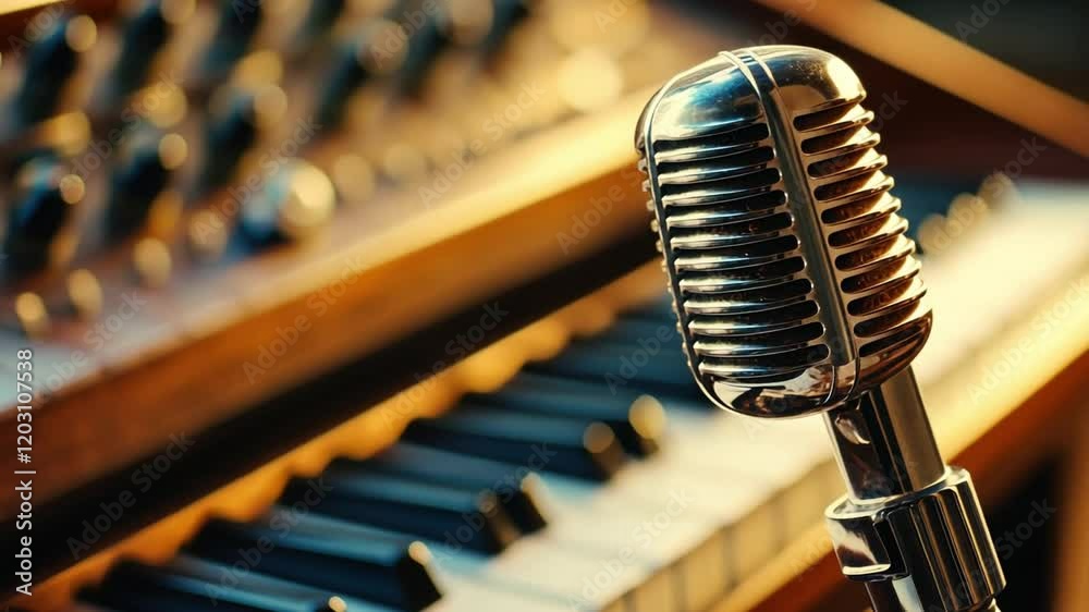 A microphone is placed on top of a piano