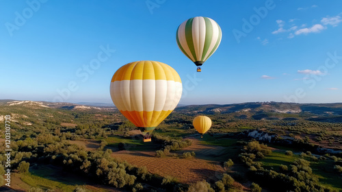 Colorful hot air balloons soaring over scenic landscape with greenery