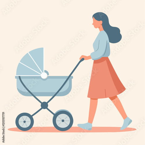 a mother pushing a baby carriage