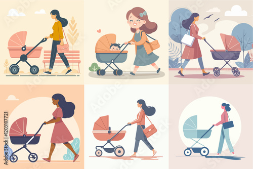 illustration set of a mother pushing a baby carriage