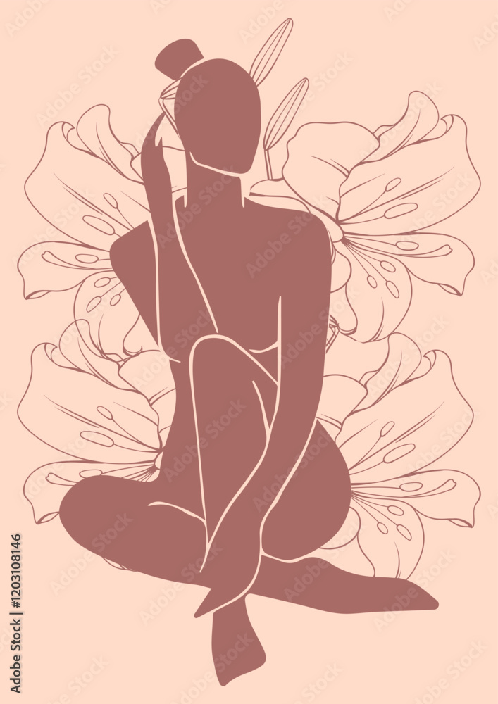 Nude girl, lily flower, vector illustration, minimalistic, illustration, vector Nude girl, lily flower, vector illustration, minimalistic, illustration, vector