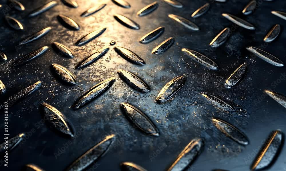 Close-up of a textured metallic surface with diamond patterns reflecting light.